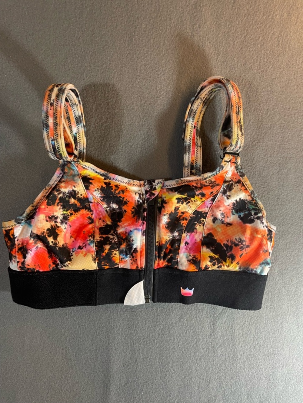 SHEFIT Tie-Dye Front-Zip Sports Bra in Pink, Orange, Black